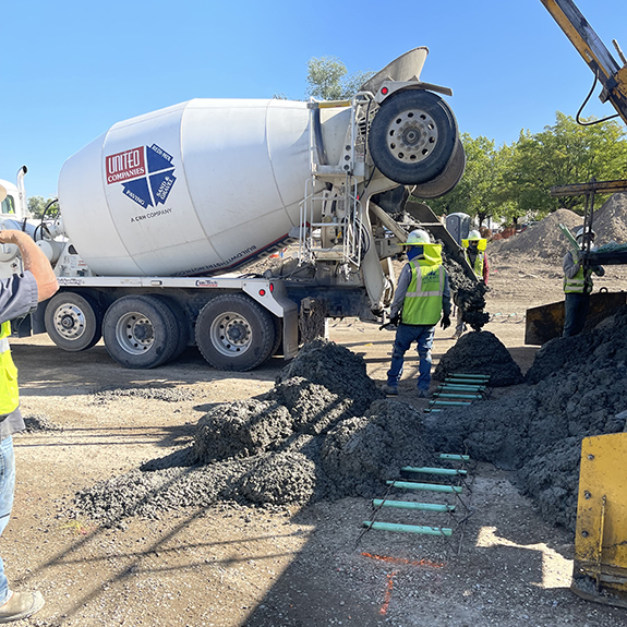 A United Companies mixer truck delivers concrete in Grand Junction, Colorado.